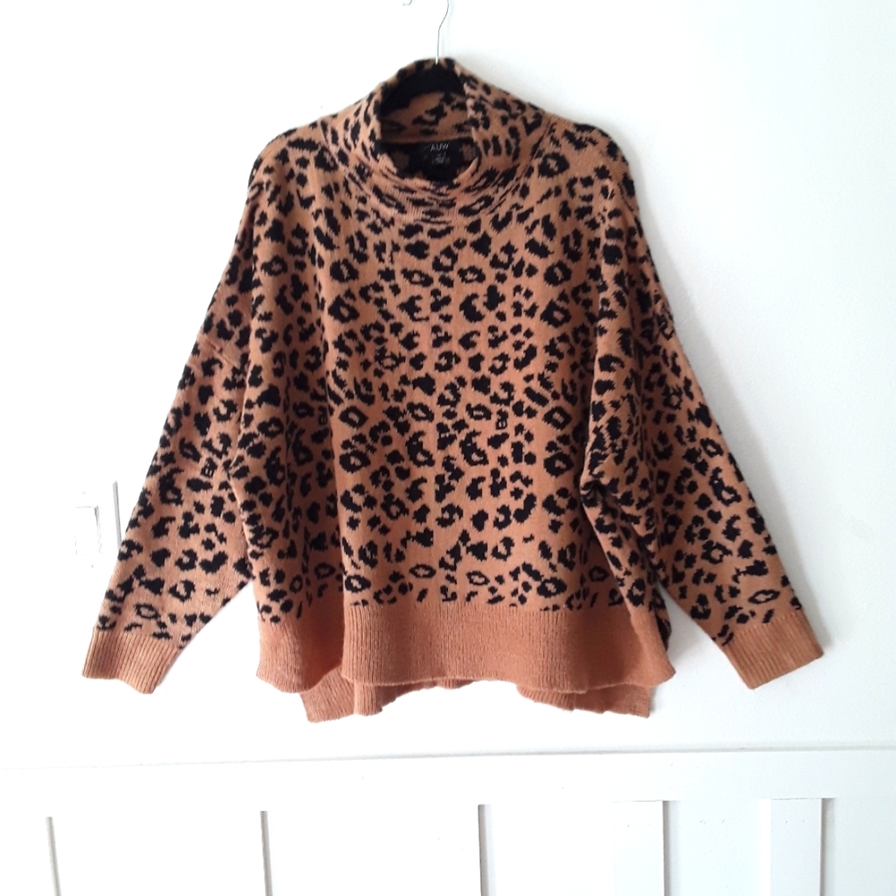 A.U.W Oversized Leopard Print Knit Sweater Tan&Black High-Low sz 1X